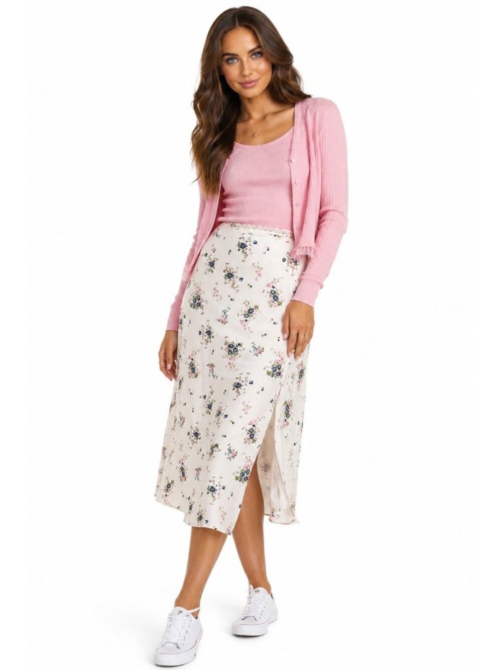 Francesca's Floral Satin Midi Skirt Ivory Blue Pink Scallop Waist NWT Size Smal